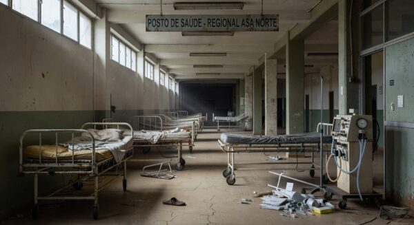 Edifício da CLDF em Brasília com faixas de doenças raras rasgadas, simbolizando falhas no apoio a pacientes.