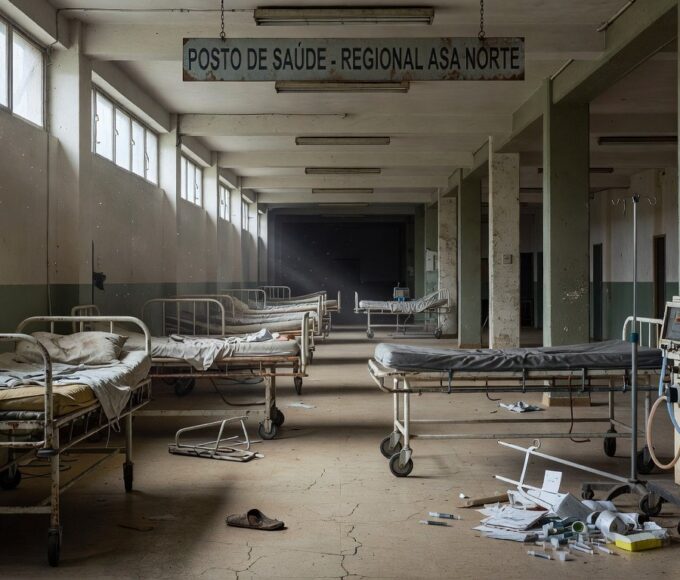 Edifício da CLDF em Brasília com faixas de doenças raras rasgadas, simbolizando falhas no apoio a pacientes.