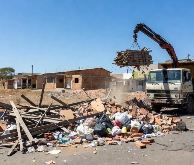 Rua em Ceilândia com pilhas de entulho sendo recolhidas por caminhão, totalizando 147 toneladas em manutenção urbana.