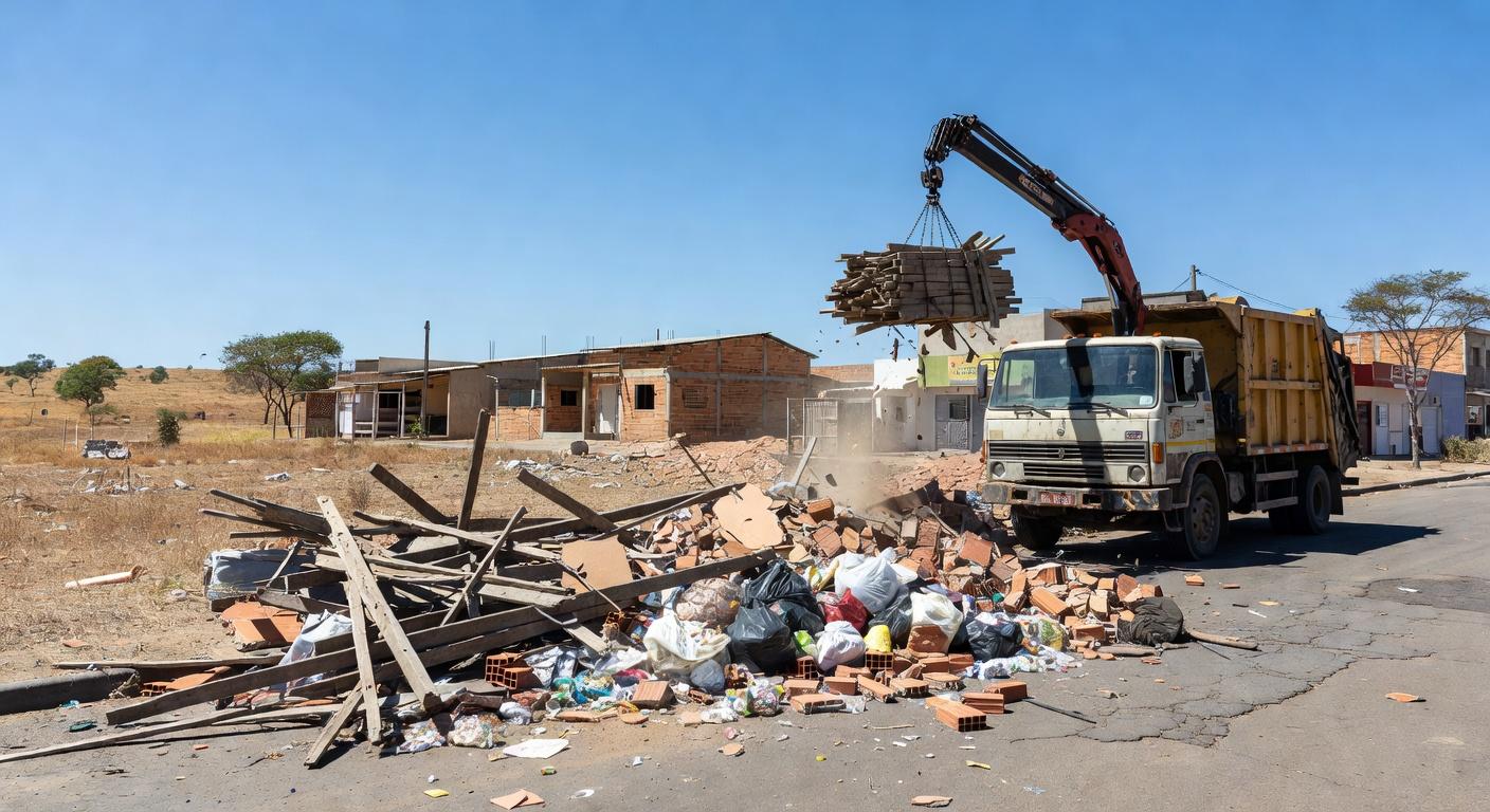 Rua em Ceilândia com pilhas de entulho sendo recolhidas por caminhão, totalizando 147 toneladas em manutenção urbana.