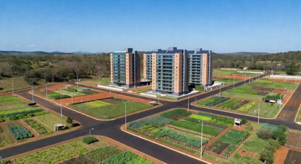 Vista panorâmica de Riacho Fundo II transformado em polo autossuficiente com investimentos do GDF em infraestrutura sustentável.
