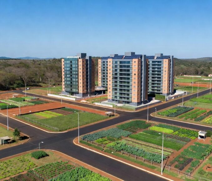 Vista panorâmica de Riacho Fundo II transformado em polo autossuficiente com investimentos do GDF em infraestrutura sustentável.