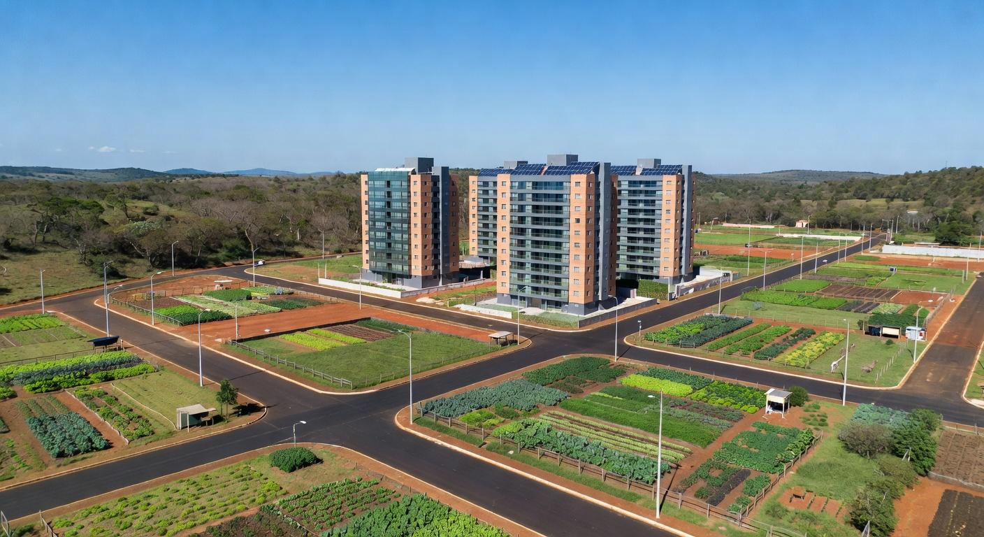 Vista panorâmica de Riacho Fundo II transformado em polo autossuficiente com investimentos do GDF em infraestrutura sustentável.