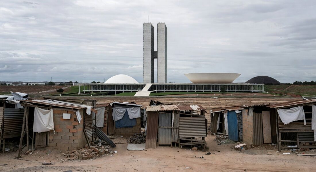 Fachada da CLDF em Brasília com símbolos de negligência a idosos e violência contra mulheres, em tom crítico.