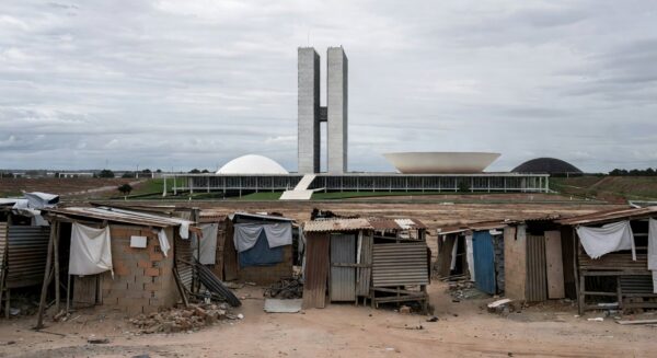 Fachada da CLDF em Brasília com símbolos de negligência a idosos e violência contra mulheres, em tom crítico.