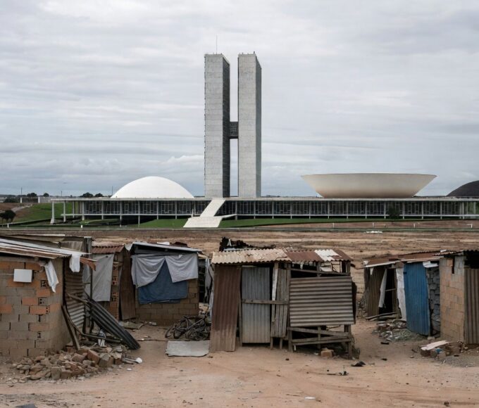 Fachada da CLDF em Brasília com símbolos de negligência a idosos e violência contra mulheres, em tom crítico.