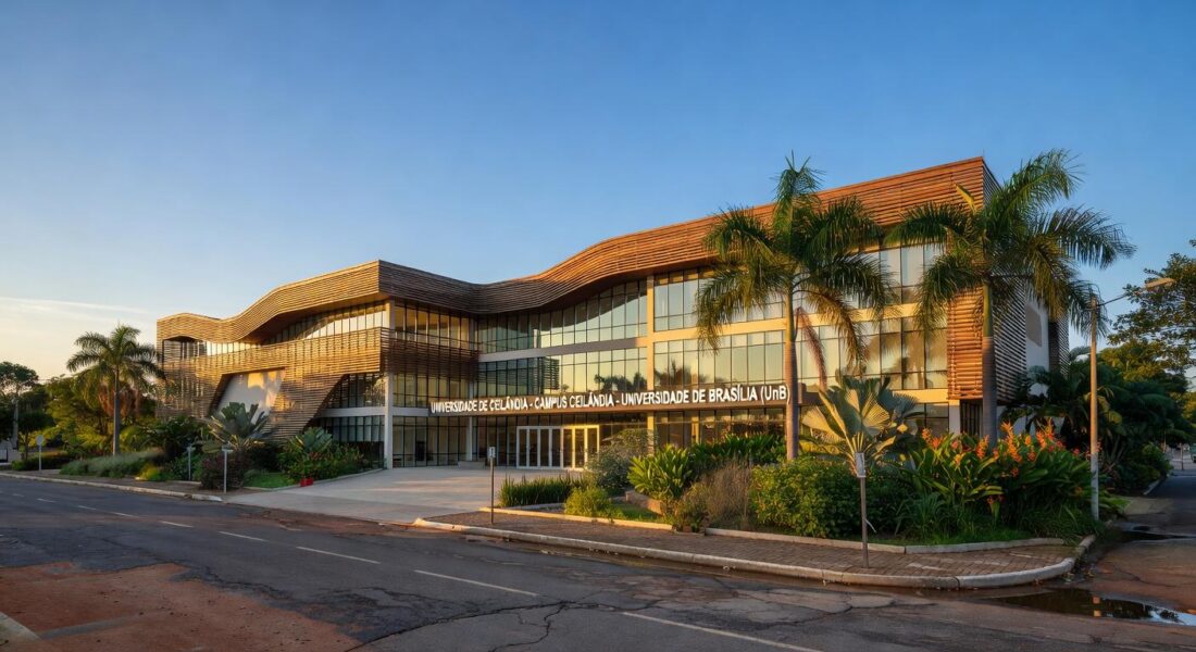 Edifício moderno do novo campus da UnDF em Ceilândia, Distrito Federal, com arquitetura brasileira contemporânea.