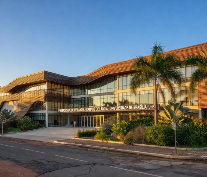 Edifício moderno do novo campus da UnDF em Ceilândia, Distrito Federal, com arquitetura brasileira contemporânea.