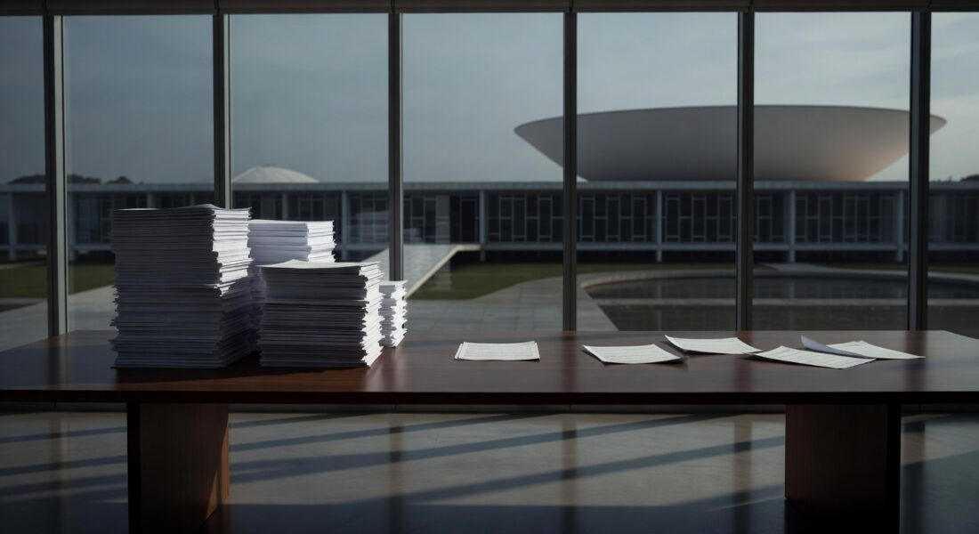 Mesa com formulários de inscrição para estágios na Caesb em Brasília, simbolizando vagas limitadas e crise de desemprego jovem.