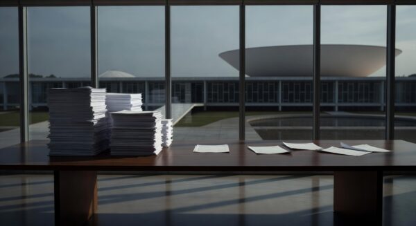 Mesa com formulários de inscrição para estágios na Caesb em Brasília, simbolizando vagas limitadas e crise de desemprego jovem.