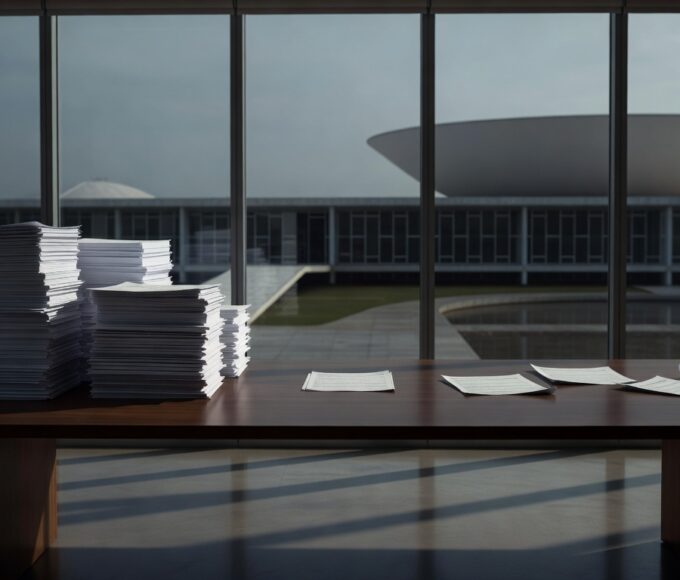 Mesa com formulários de inscrição para estágios na Caesb em Brasília, simbolizando vagas limitadas e crise de desemprego jovem.