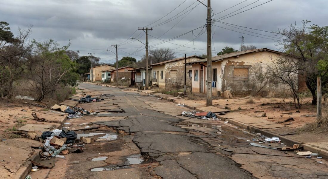 Rua deteriorada em Riacho Fundo I, Brasília, expondo demandas não atendidas no aniversário de 36 anos.