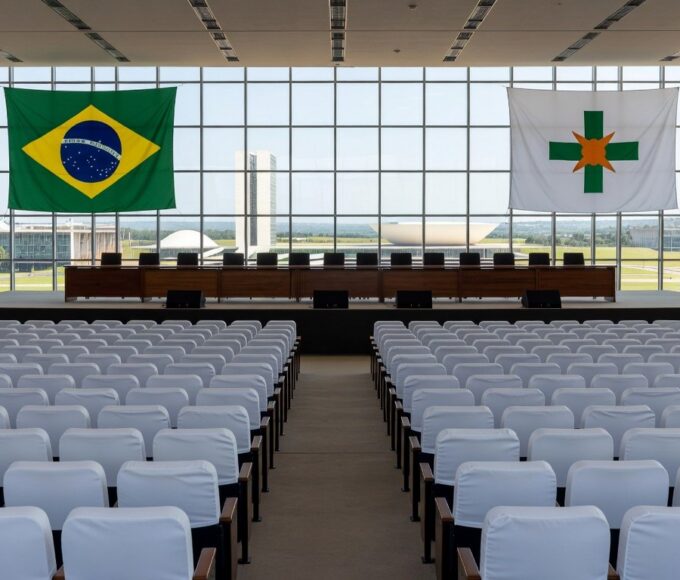 Auditório em Brasília preparado para cerimônia de formatura do Programa Qualifica DF, com bandeiras e decoração.