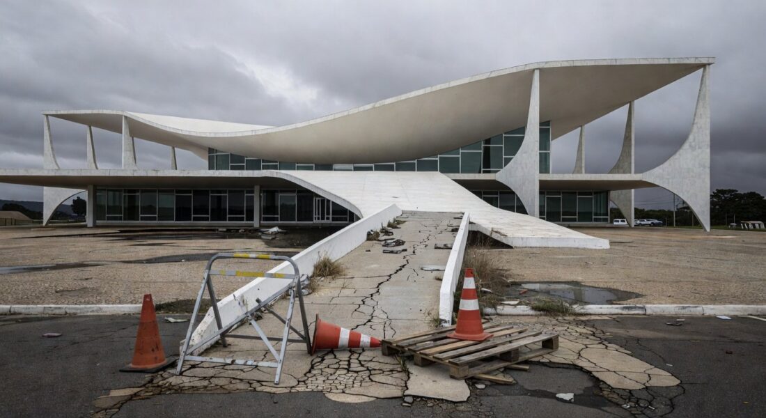 Fachada da CLDF em Brasília com rampas danificadas, simbolizando falhas na inclusão de pessoas com síndrome de Down.