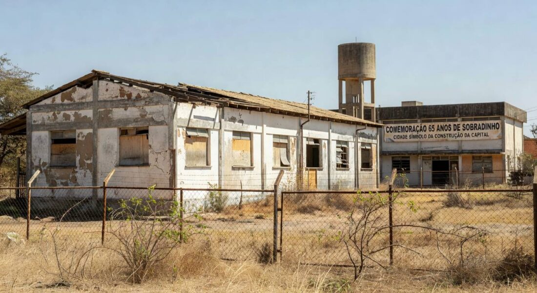 Fachada de escola antiga em Sobradinho, DF, destacando desgaste e crises educacionais ignoradas pela CLDF.