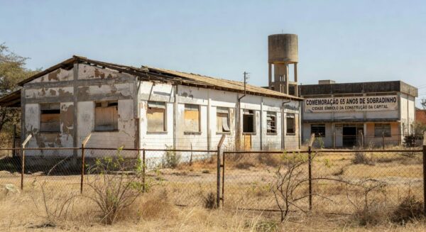 Fachada de escola antiga em Sobradinho, DF, destacando desgaste e crises educacionais ignoradas pela CLDF.