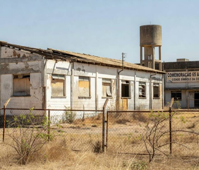 Fachada de escola antiga em Sobradinho, DF, destacando desgaste e crises educacionais ignoradas pela CLDF.