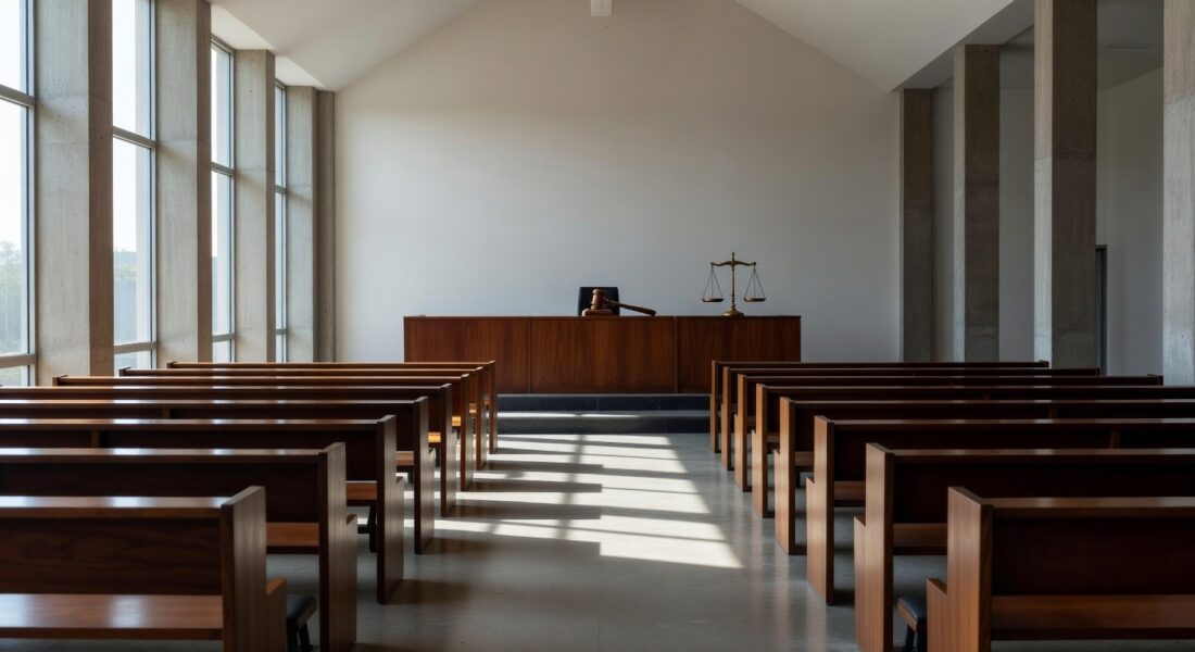 Tribunal vazio em Planaltina representando condenação por homicídio qualificado de criança.