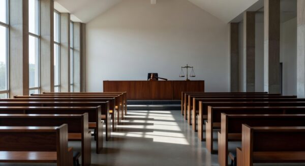 Tribunal vazio em Planaltina representando condenação por homicídio qualificado de criança.