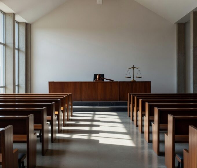 Tribunal vazio em Planaltina representando condenação por homicídio qualificado de criança.