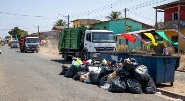 Rua em Ceilândia com mutirão de limpeza, sacos de lixo e caminhões coletando resíduos para celebrar 55 anos e combater pragas.