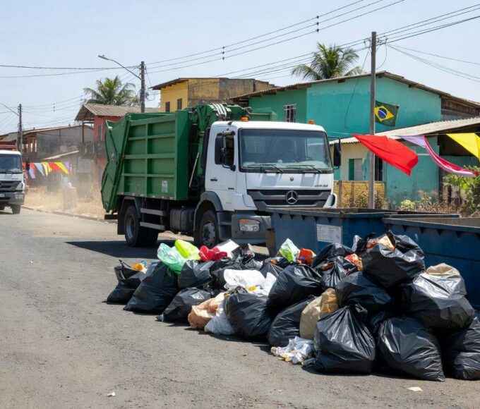 Rua em Ceilândia com mutirão de limpeza, sacos de lixo e caminhões coletando resíduos para celebrar 55 anos e combater pragas.