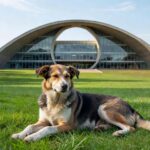 Cadela assintomática com leishmaniose em parque de Brasília, ao fundo o TJDFT, representando decisão judicial contra eutanásia.