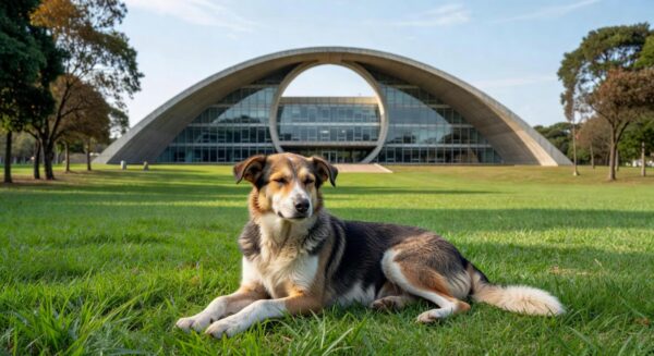 Cadela assintomática com leishmaniose em parque de Brasília, ao fundo o TJDFT, representando decisão judicial contra eutanásia.