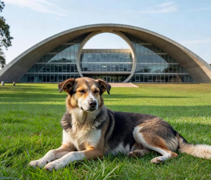 Cadela assintomática com leishmaniose em parque de Brasília, ao fundo o TJDFT, representando decisão judicial contra eutanásia.