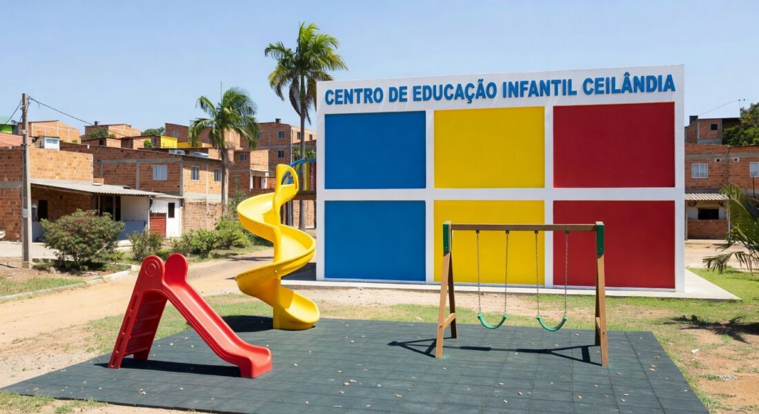 Fachada da creche Cepi Inspira em Ceilândia, DF, com capacidade para 188 crianças, inaugurada pelo governo.