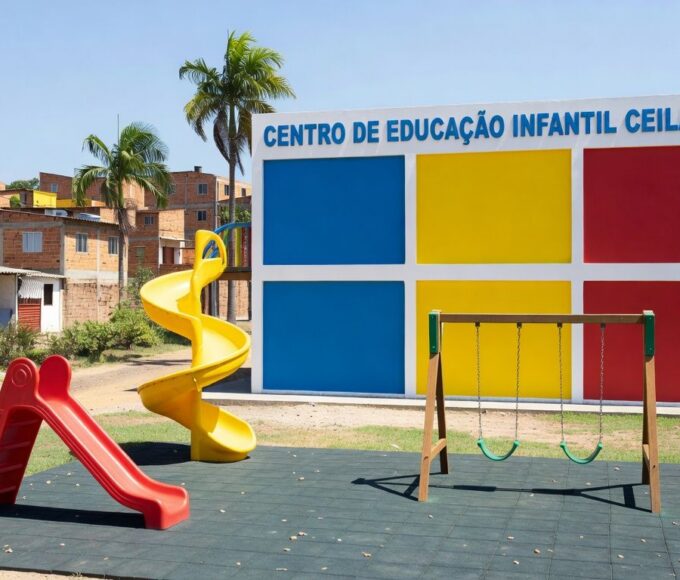 Fachada da creche Cepi Inspira em Ceilândia, DF, com capacidade para 188 crianças, inaugurada pelo governo.