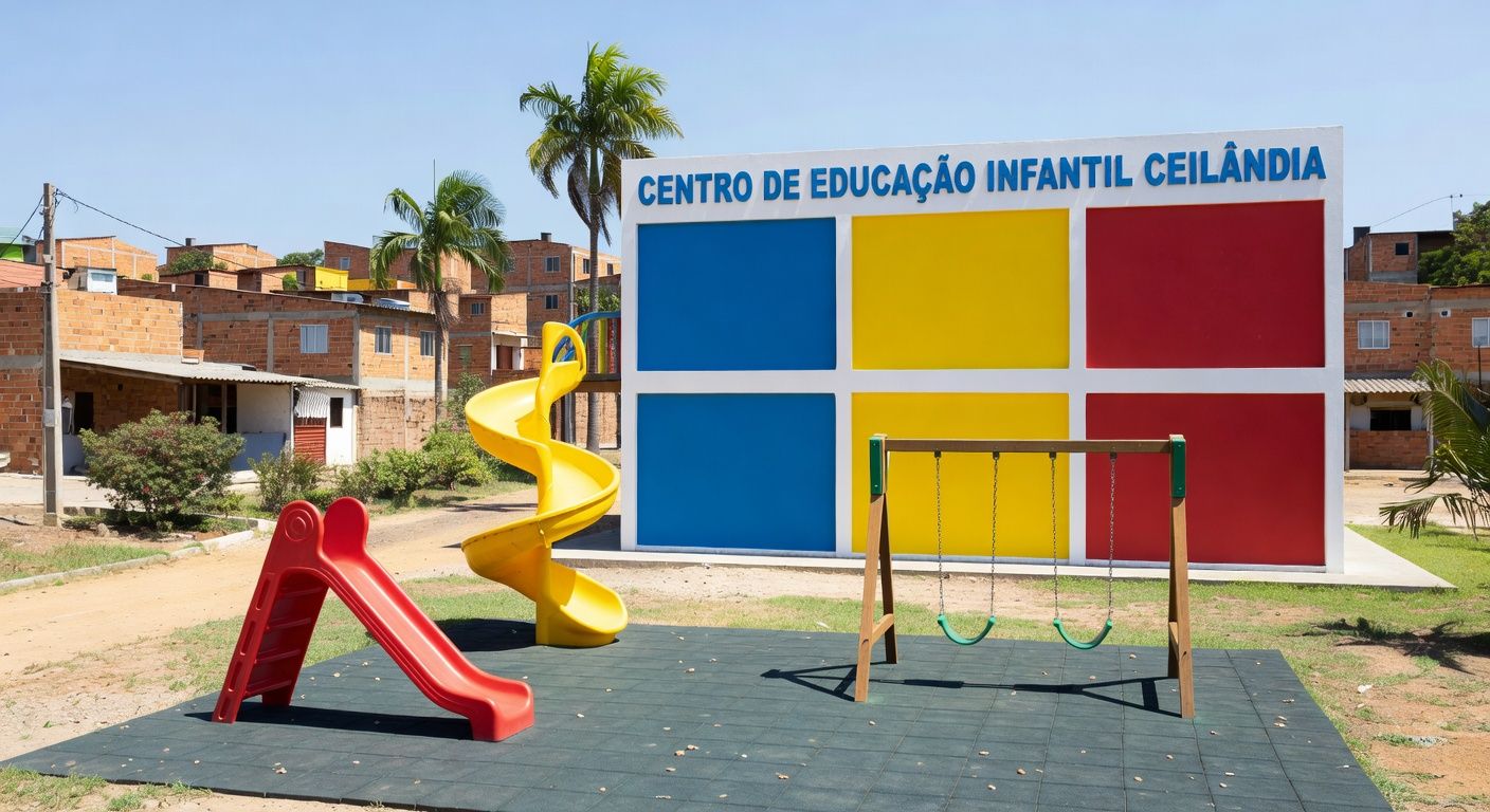 Fachada da creche Cepi Inspira em Ceilândia, DF, com capacidade para 188 crianças, inaugurada pelo governo.