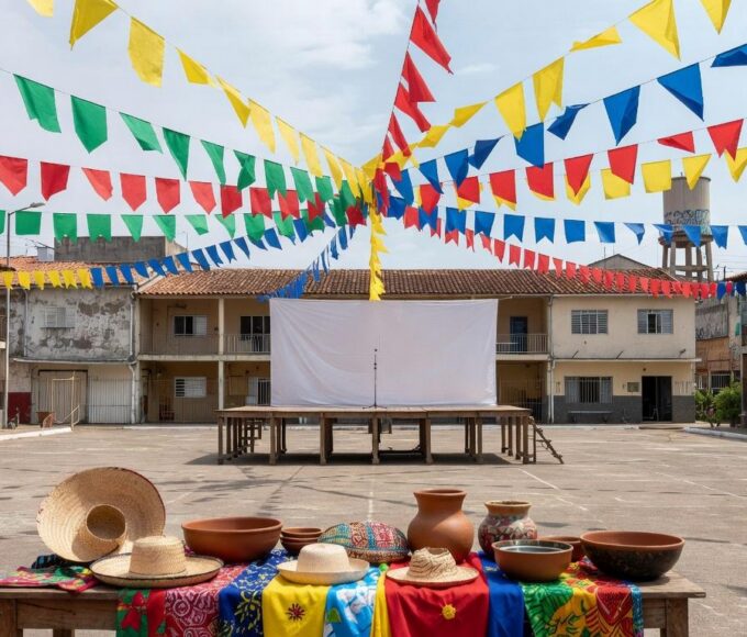 Praça em Ceilândia decorada para os 55 anos com bandeiras e elementos culturais gratuitos.