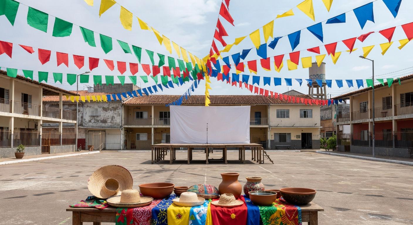 Praça em Ceilândia decorada para os 55 anos com bandeiras e elementos culturais gratuitos.