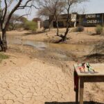 Paisagem do Cerrado com nascente seca e estrutura da Caesb, destacando perda de 50% das nascentes no Dia Mundial da Água.