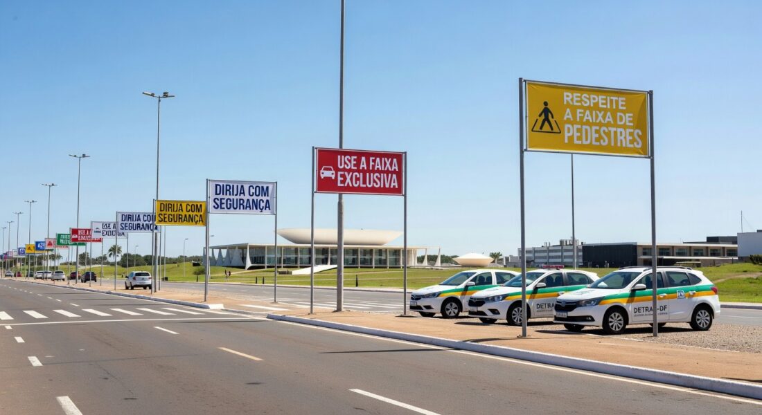 Imagem de ação educativa de trânsito em Brasília, com viaturas do Detran-DF e sinalizações de segurança viária.