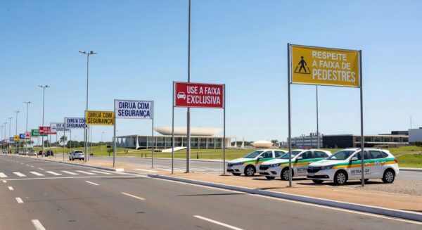 Imagem de ação educativa de trânsito em Brasília, com viaturas do Detran-DF e sinalizações de segurança viária.