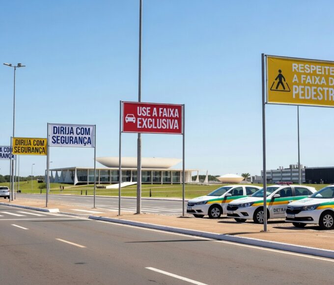 Imagem de ação educativa de trânsito em Brasília, com viaturas do Detran-DF e sinalizações de segurança viária.