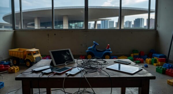 Sala em Brasília com dispositivos eletrônicos rachados e brinquedos, representando vício em telas e danos em crianças.