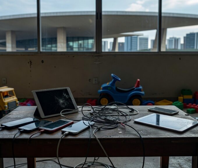 Sala em Brasília com dispositivos eletrônicos rachados e brinquedos, representando vício em telas e danos em crianças.