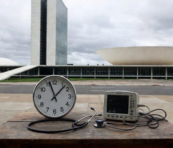 Edifício governamental em Brasília com relógio parado e equipamentos médicos, simbolizando falhas em diagnósticos de cardiopatias para bebês com Down.