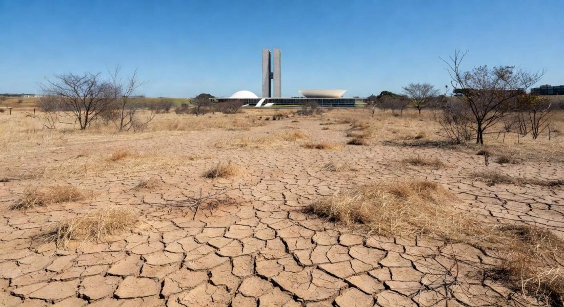 Ponto de hidratação inoperante em Brasília durante seca, com solo rachado e vegetação seca.
