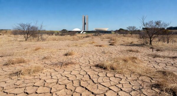 Ponto de hidratação inoperante em Brasília durante seca, com solo rachado e vegetação seca.