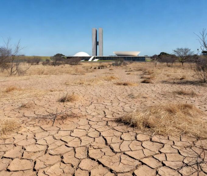 Ponto de hidratação inoperante em Brasília durante seca, com solo rachado e vegetação seca.