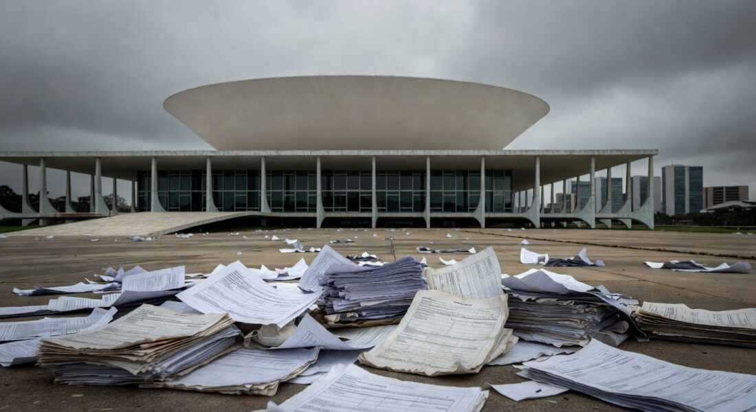 Fachada da Câmara Legislativa do DF com documentos espalhados, representando desperdício de recursos em homenagem à rede privada BNI.