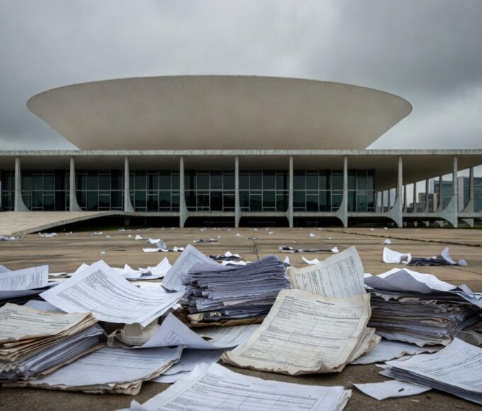 Fachada da Câmara Legislativa do DF com documentos espalhados, representando desperdício de recursos em homenagem à rede privada BNI.