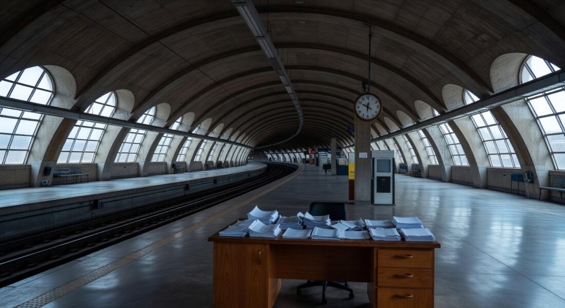 Estação de metrô em Brasília com elementos burocráticos simbolizando atrasos em licitações do Metrô-DF.
