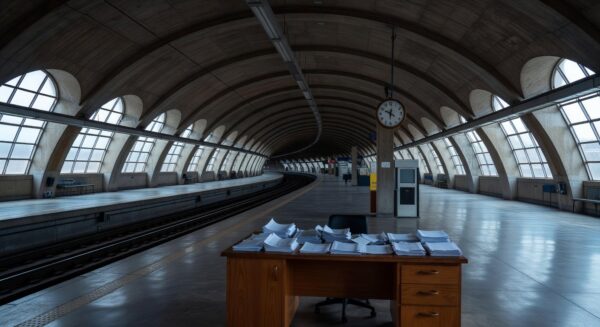 Estação de metrô em Brasília com elementos burocráticos simbolizando atrasos em licitações do Metrô-DF.