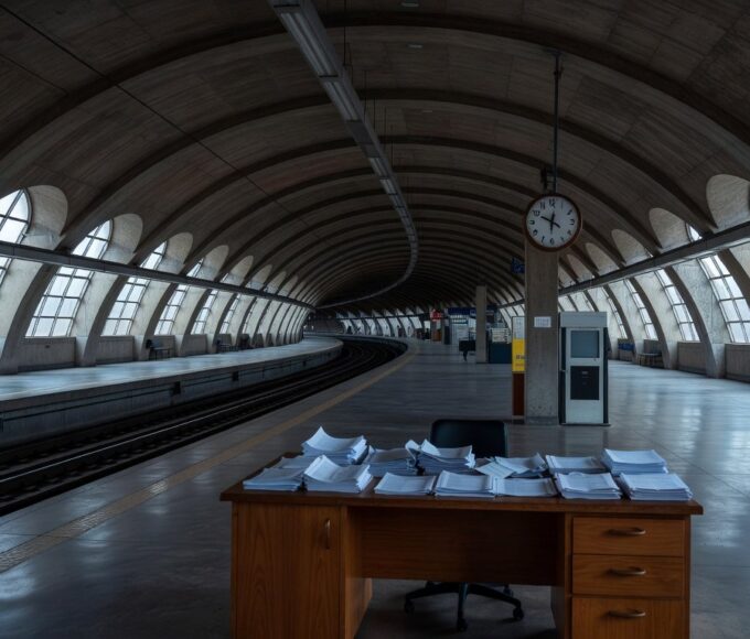 Estação de metrô em Brasília com elementos burocráticos simbolizando atrasos em licitações do Metrô-DF.