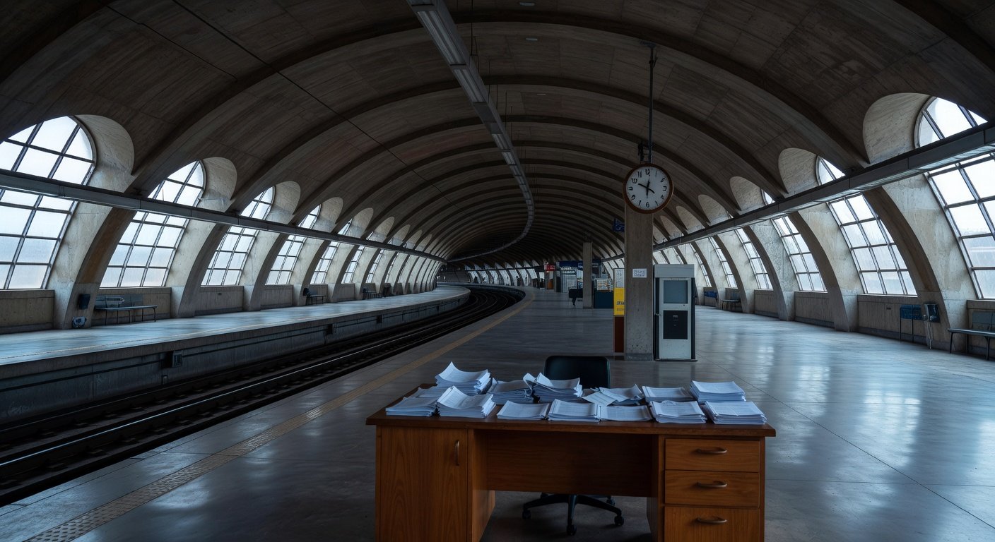 Estação de metrô em Brasília com elementos burocráticos simbolizando atrasos em licitações do Metrô-DF.